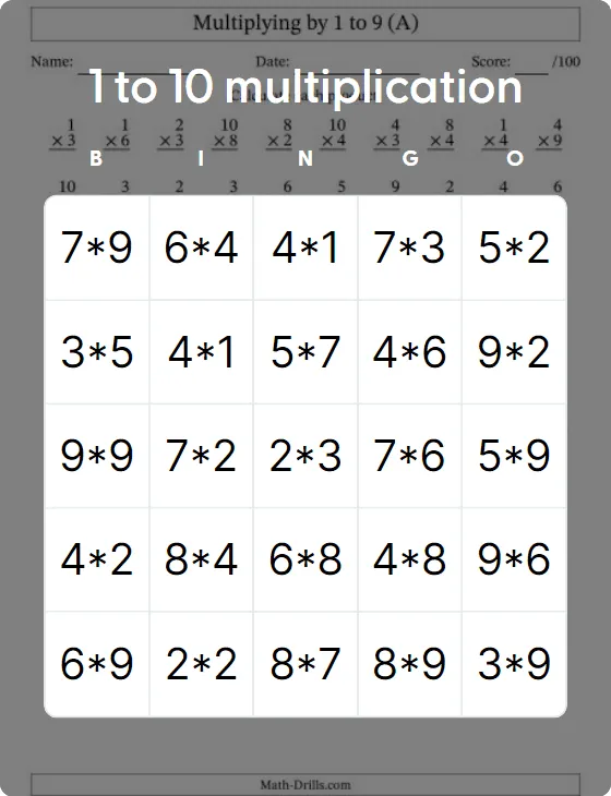 1 to 10 multiplication bingo