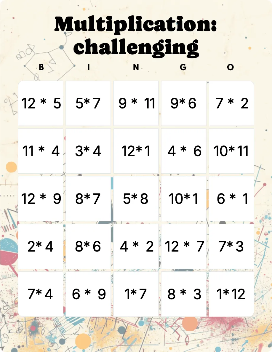 Multiplication: challenging bingo card template