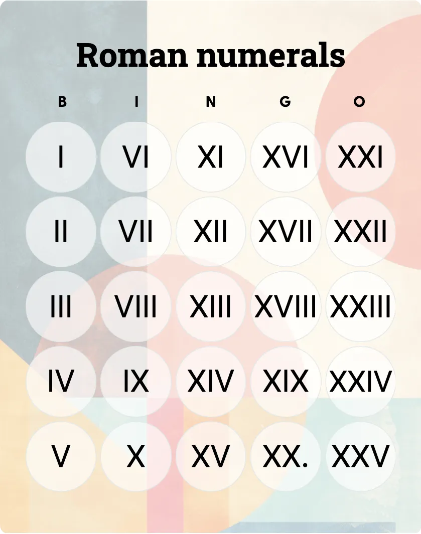 Roman numerals bingo card template