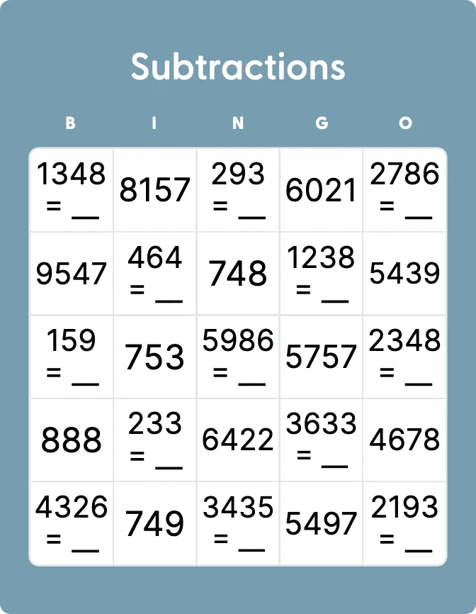 Subtractions bingo