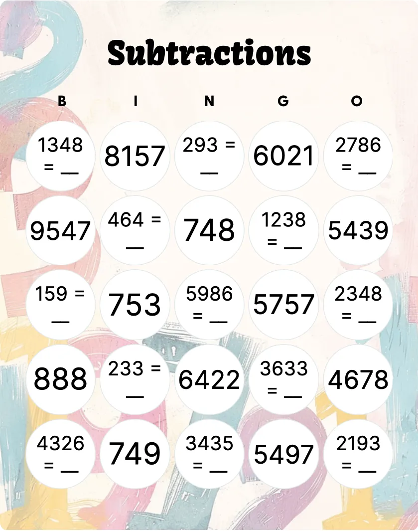 Subtractions bingo