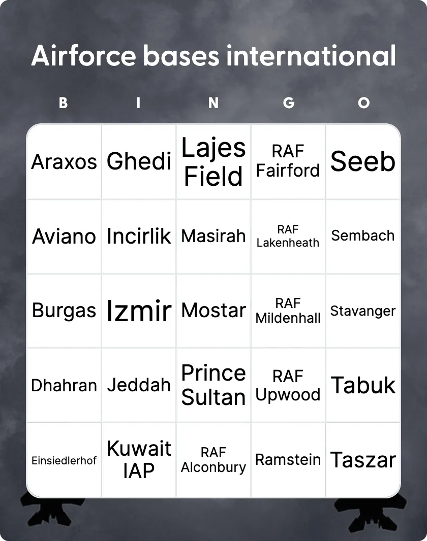 Airforce bases international bingo