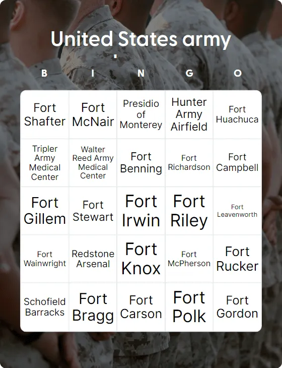 United States army bases bingo card template