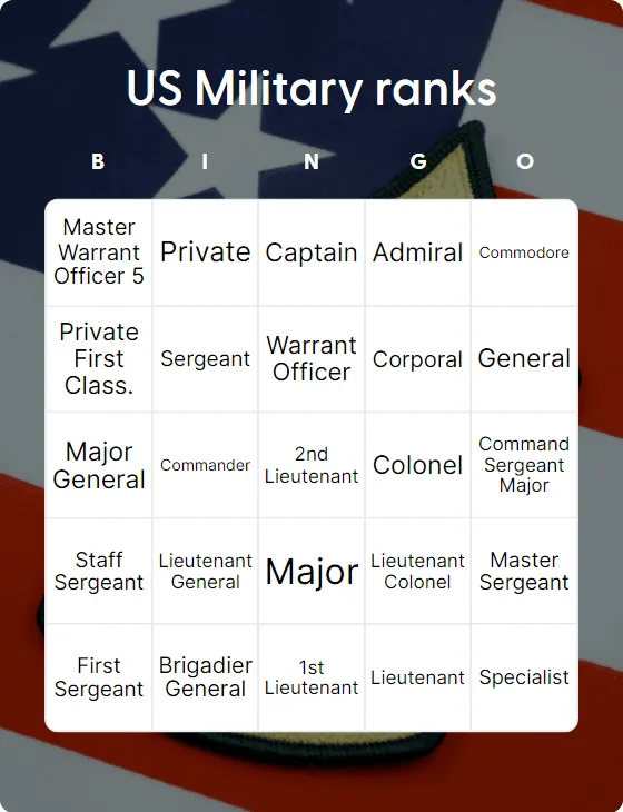 US Military ranks bingo