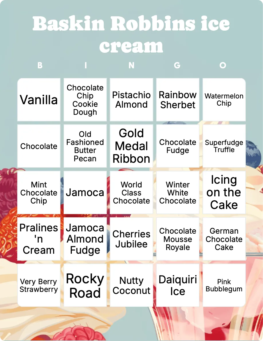 Baskin Robbins ice cream bingo card template