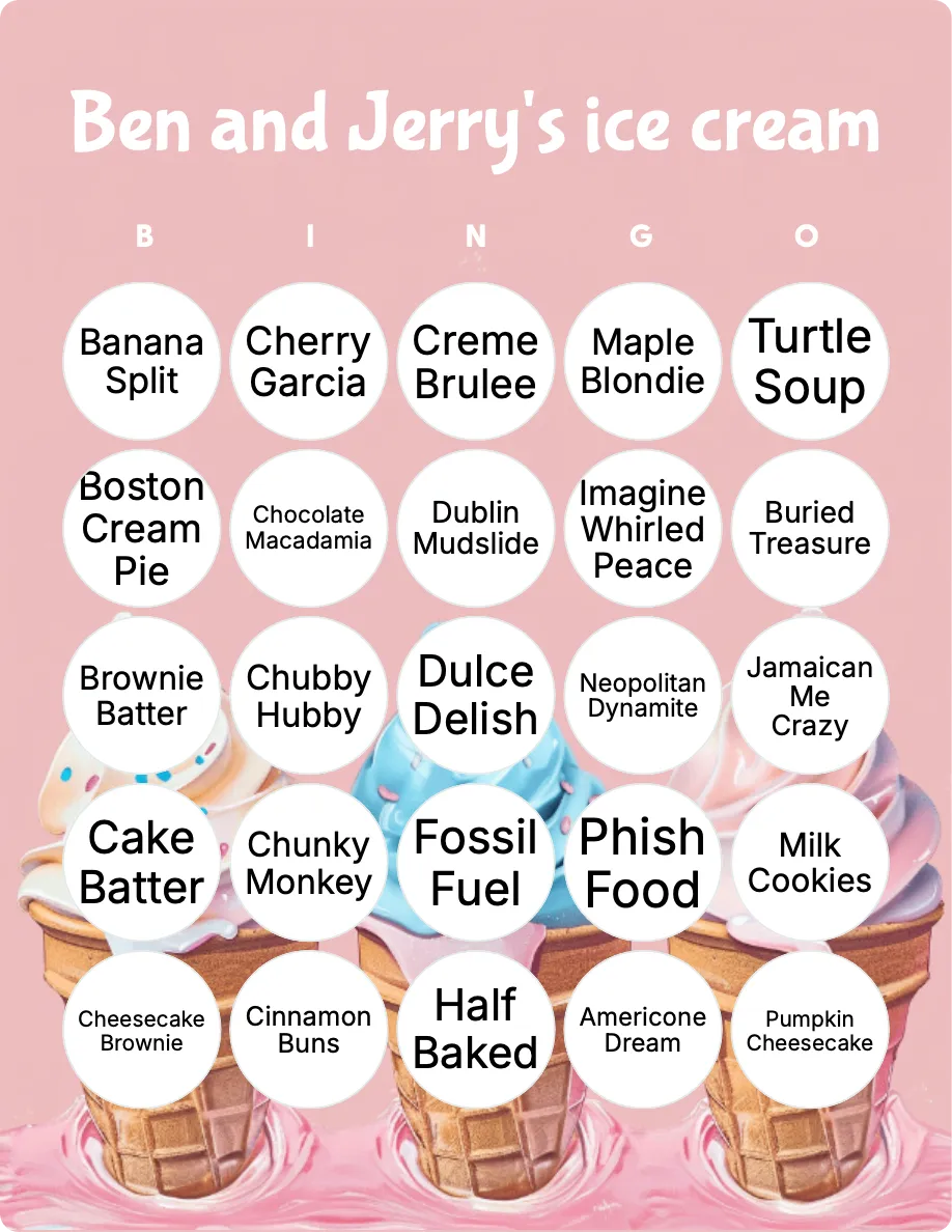 Ben and Jerry’s ice cream bingo card template