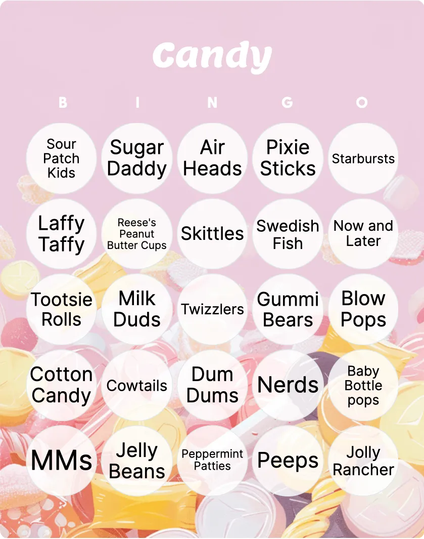 Candy bingo card template Candy bingo card template