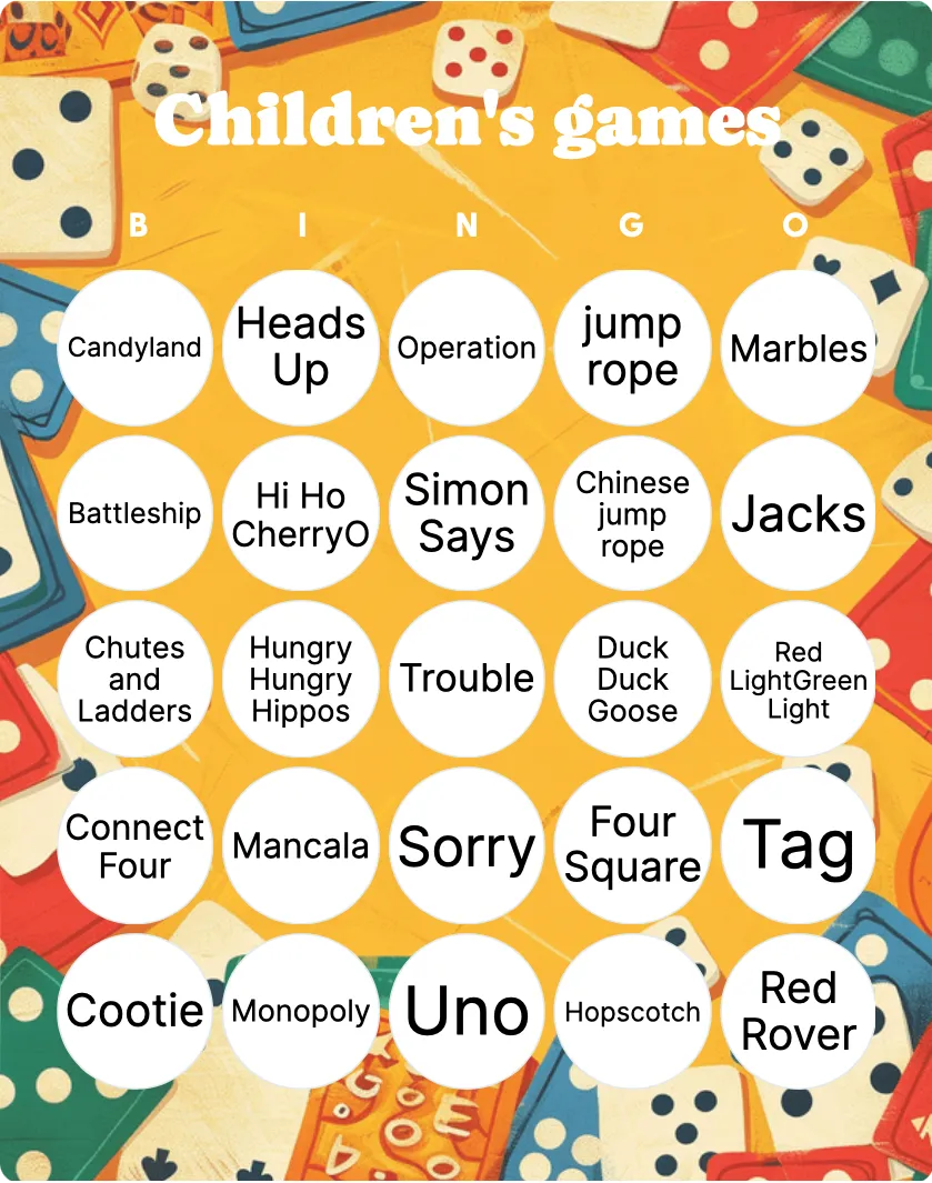 Children's games bingo card template