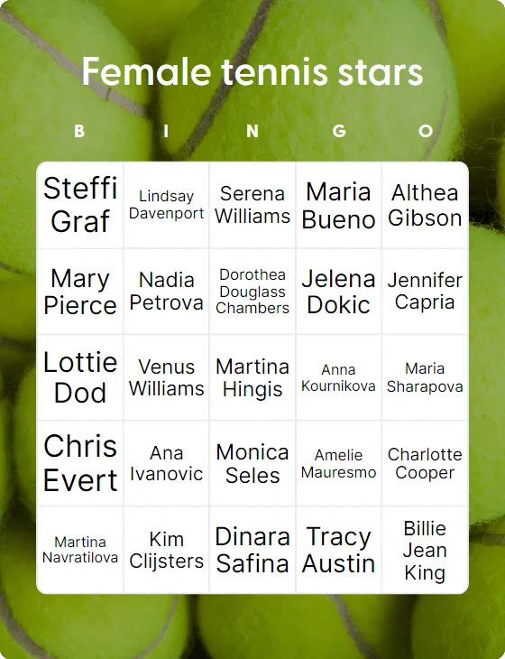Female tennis stars bingo