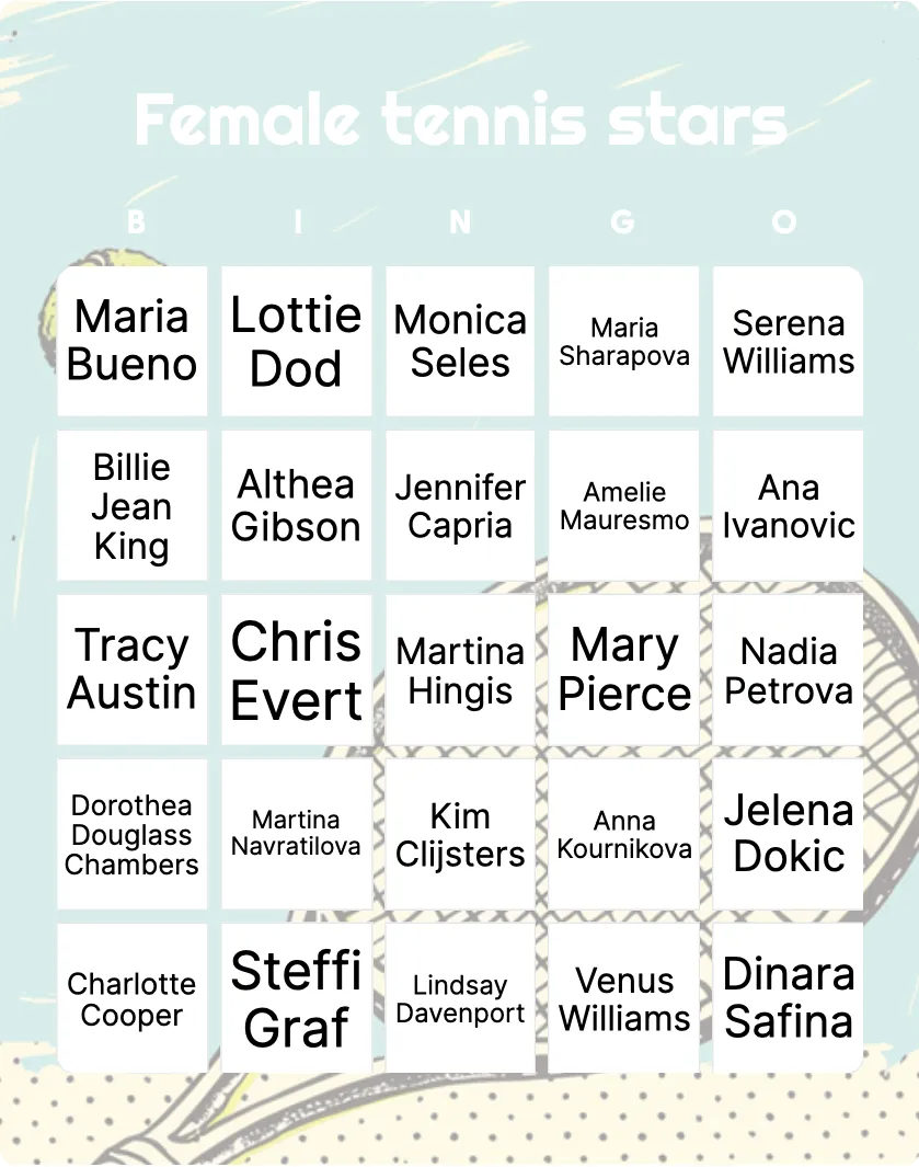 Female tennis stars bingo