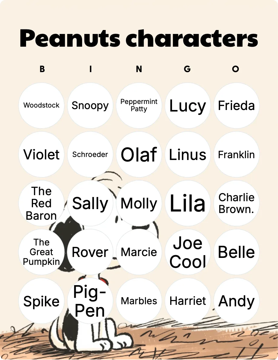 Peanuts characters bingo card template