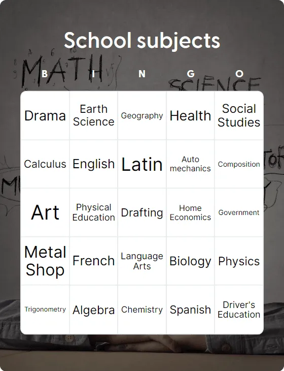 School subjects bingo card template