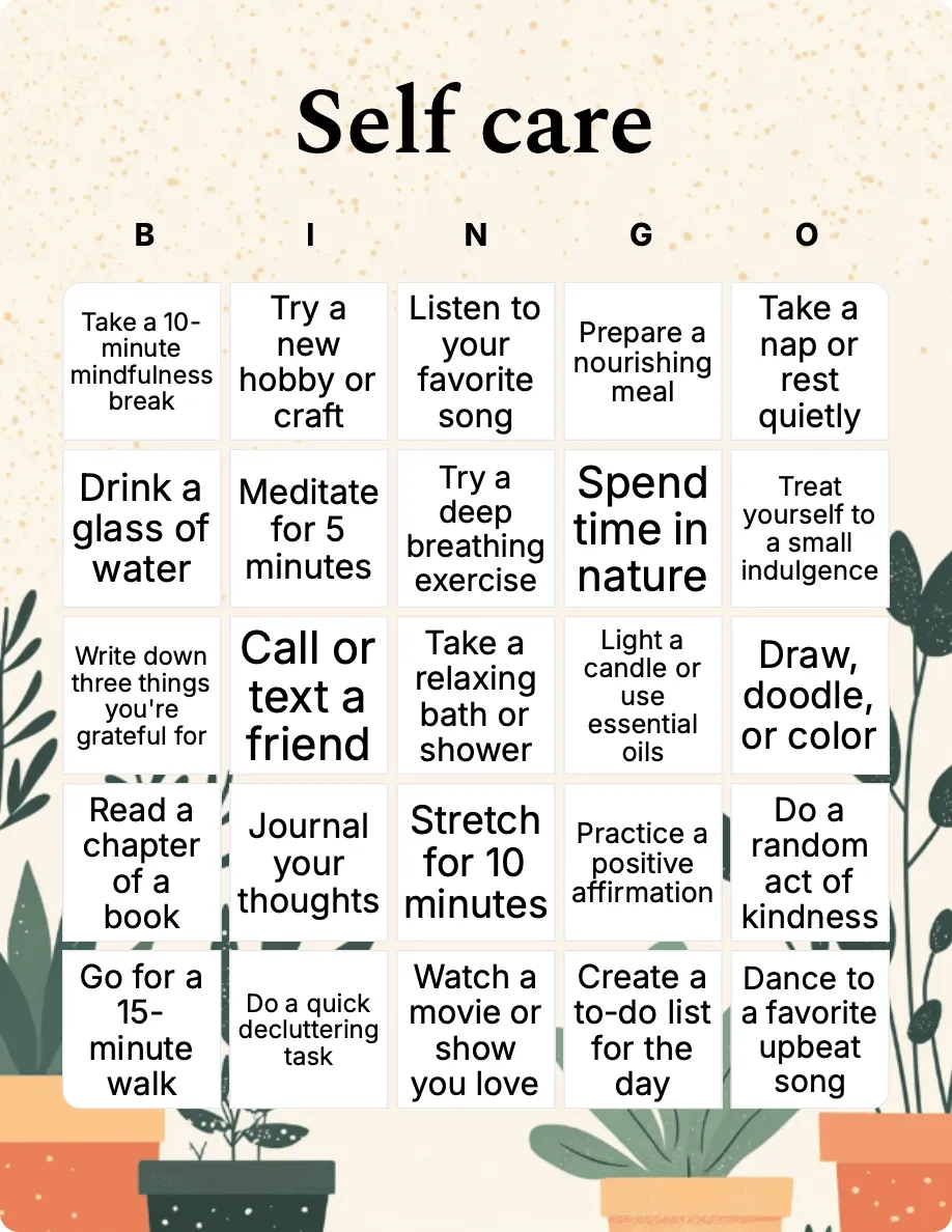 Self care bingo card template