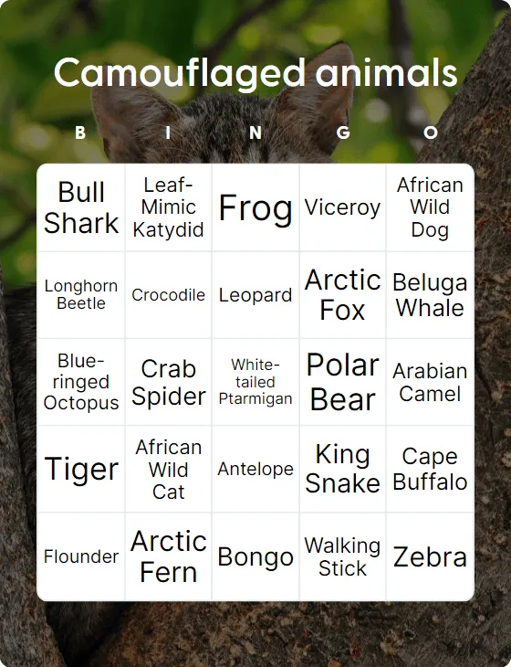 Camouflaged animals bingo