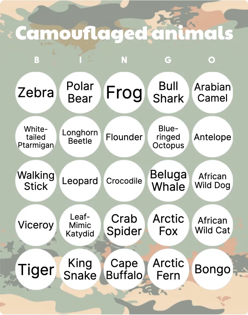 Camouflaged animals bingo card template