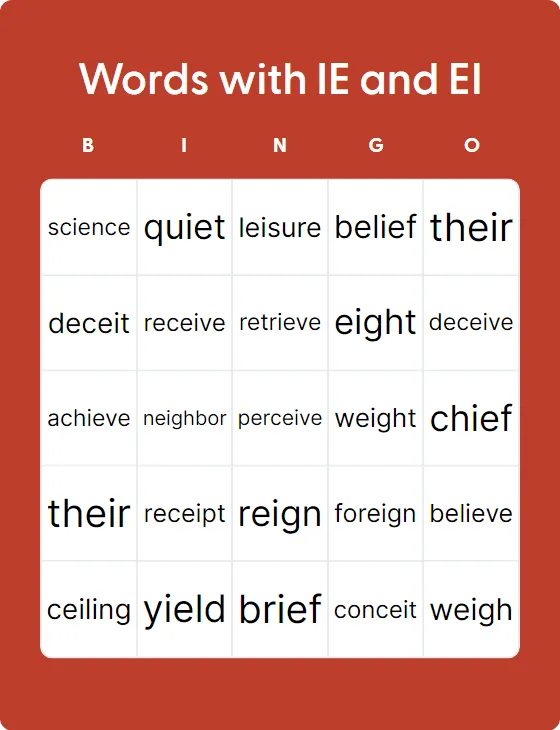 Words with IE and EI bingo