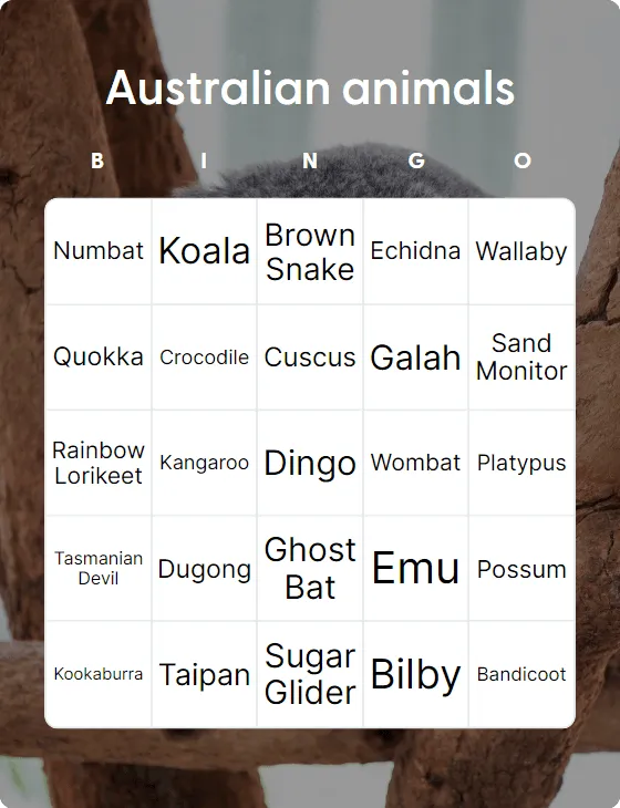 Australian animals bingo card template