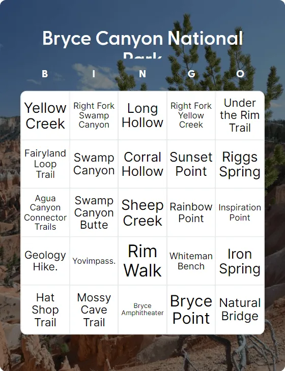 Bryce Canyon National Park bingo card template