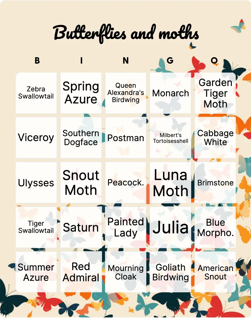 Butterflies and moths bingo card template