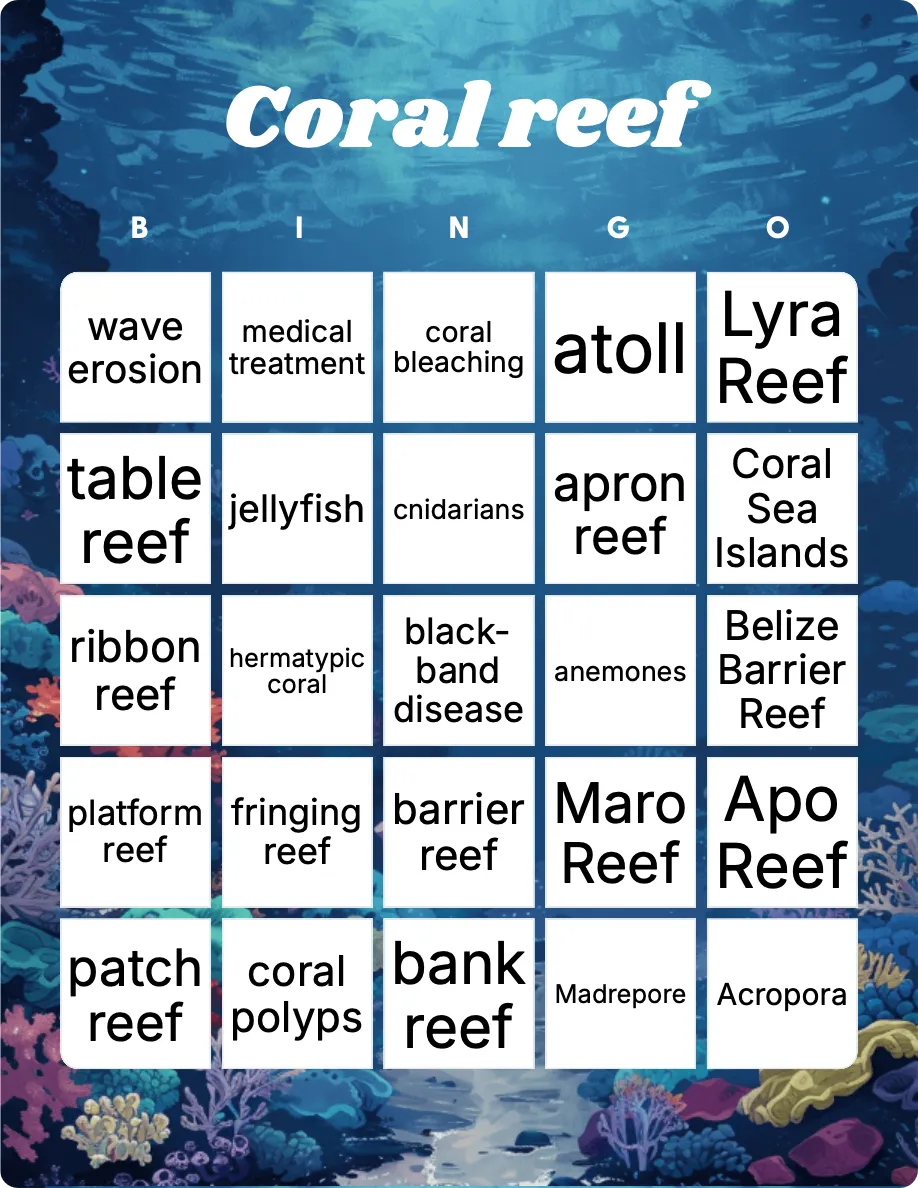 Coral reef bingo card template