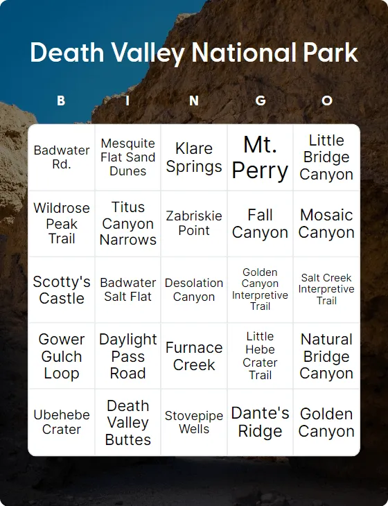 Death Valley National Park bingo card template