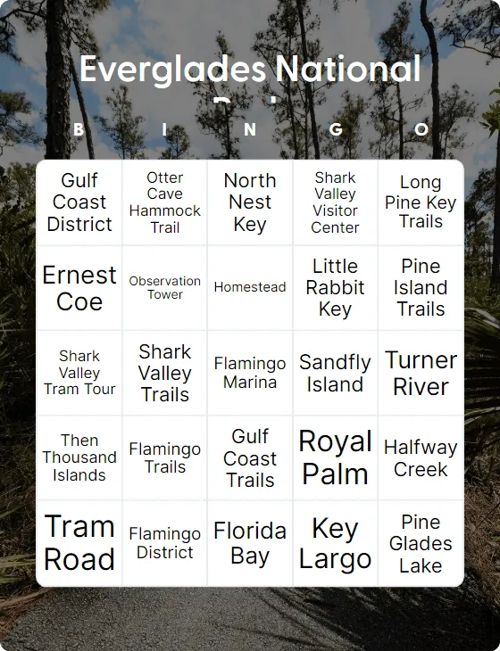 Everglades National Park bingo card template