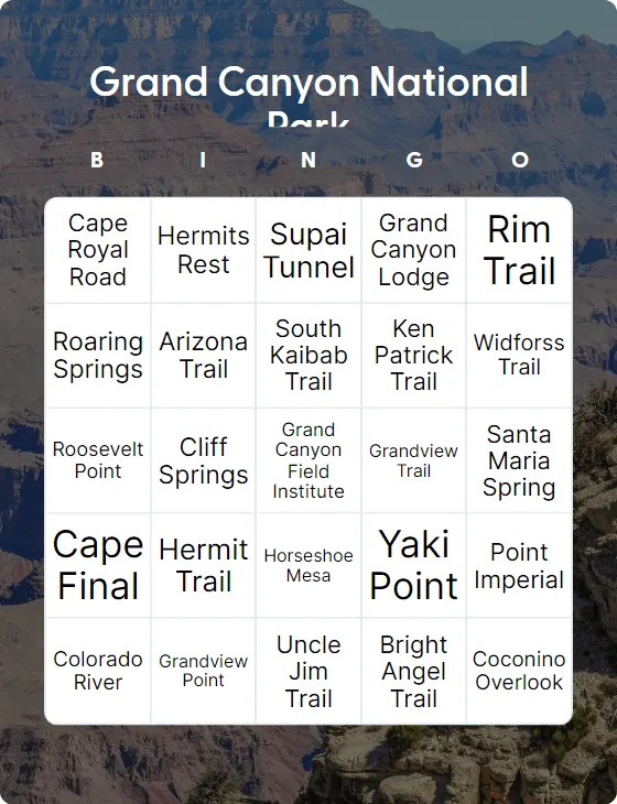 Grand Canyon National Park bingo card template