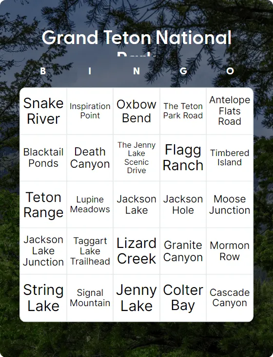 Grand Teton National Park bingo