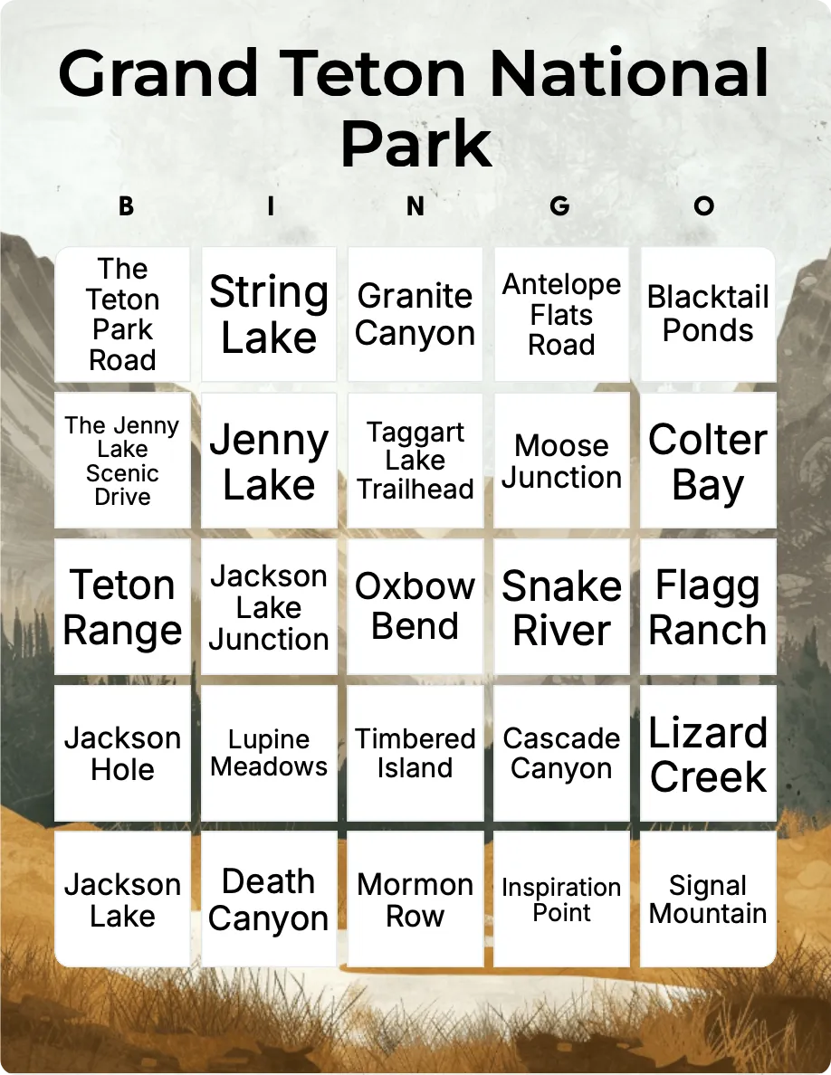 Grand Teton National Park bingo card template