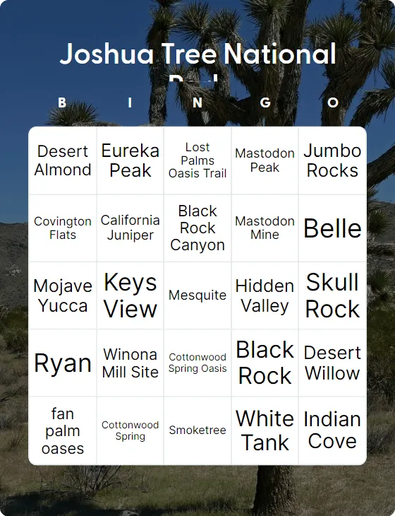 Joshua Tree National Park bingo card template