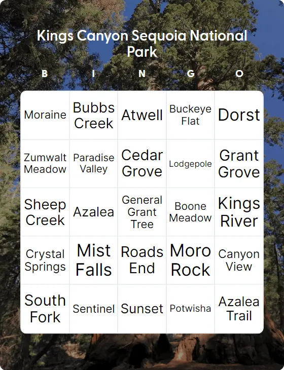 Kings Canyon Sequoia National Park bingo card template