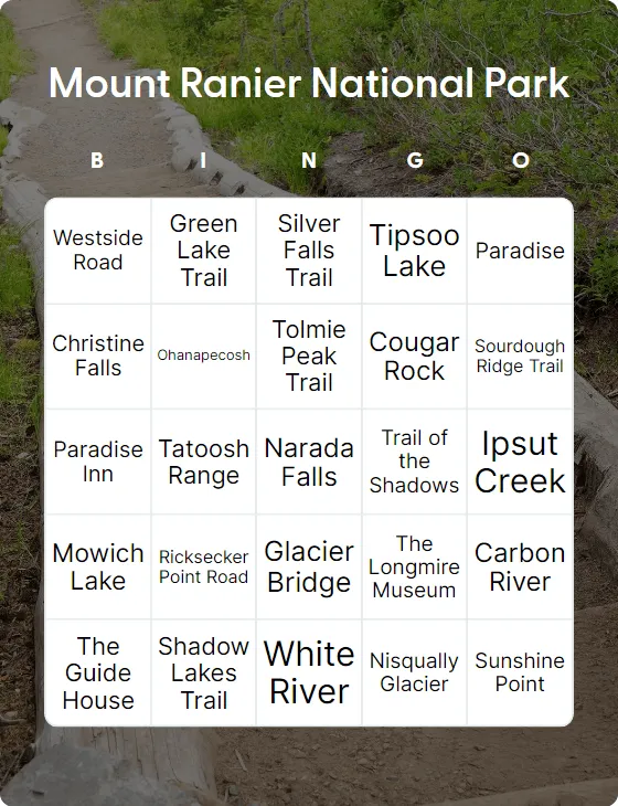 Mount Ranier National Park bingo card template