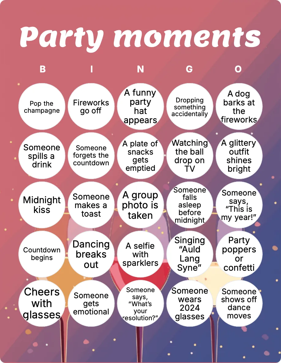 Party moments bingo card template