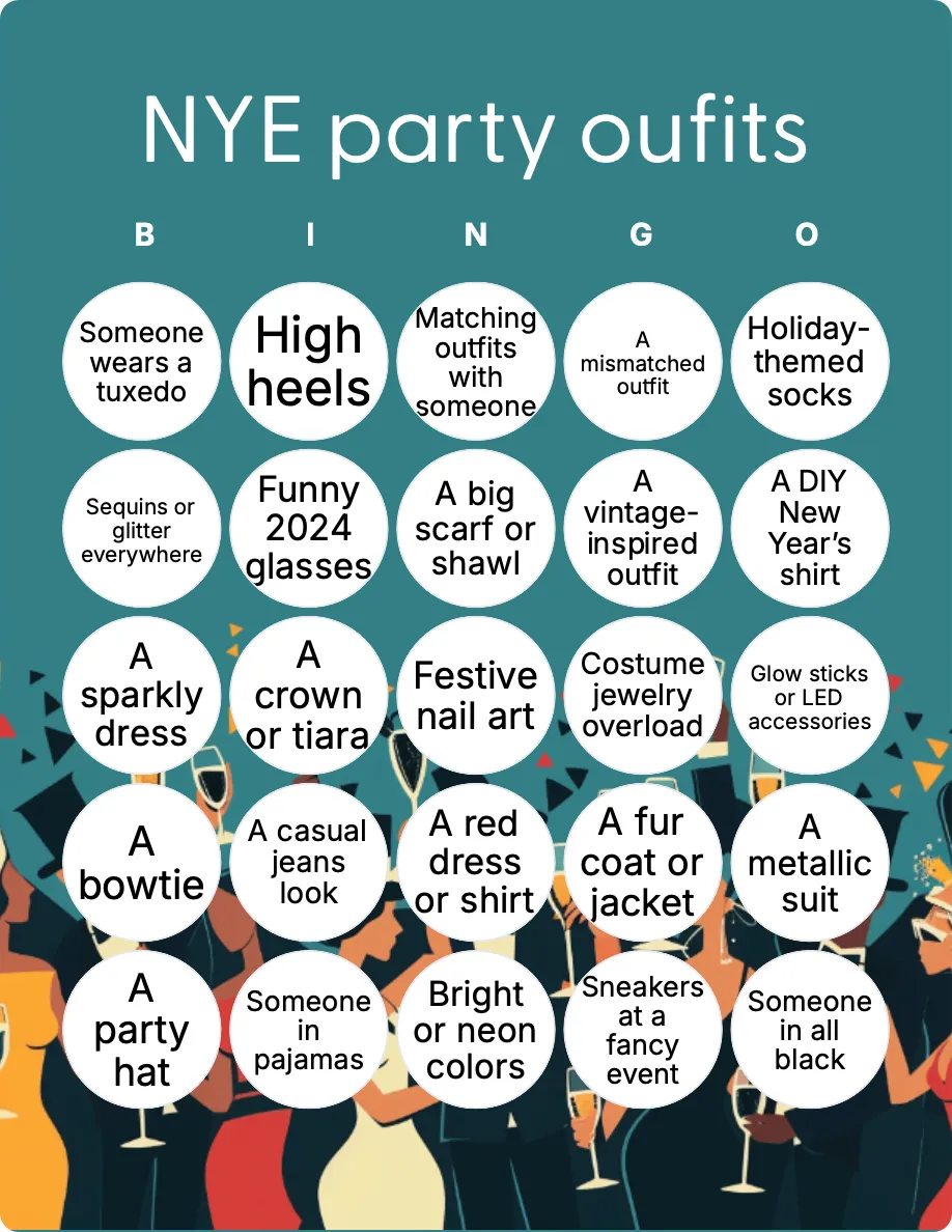 NYE party oufits bingo card template