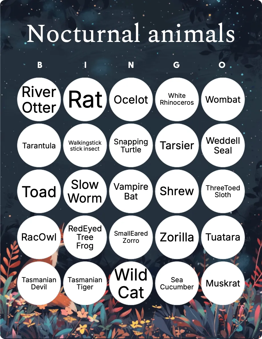 Nocturnal animals bingo card template