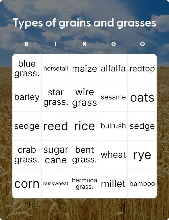 Types of grains and grasses bingo
