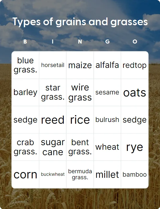 Types of grains and grasses bingo card template