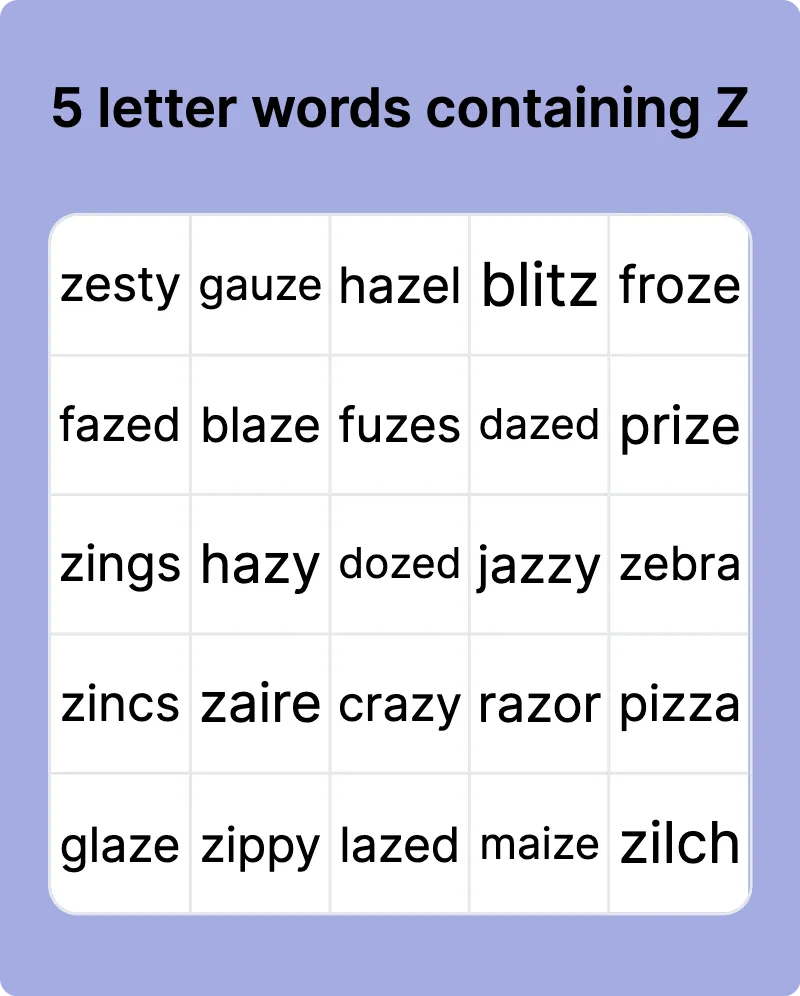 5 letter words containing Z bingo card template