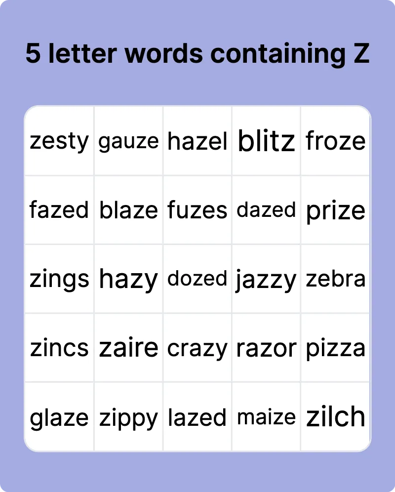 3 and 4 letter words containing z