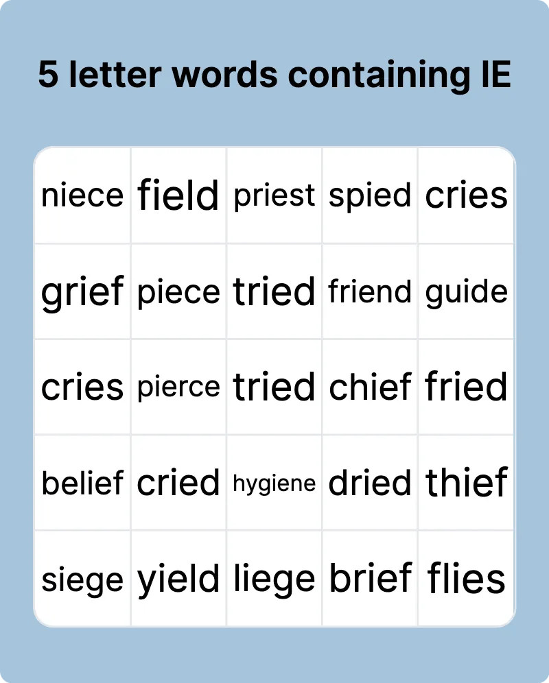 5 letter words containing ie in the middle