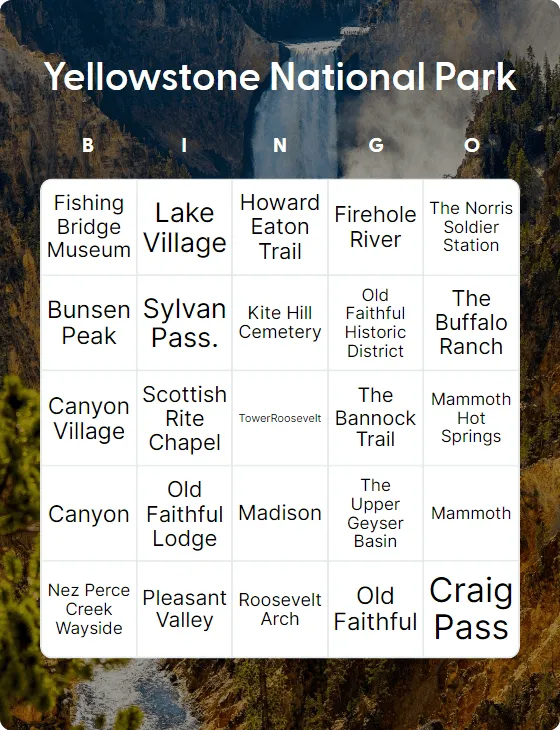 Yellowstone National Park bingo