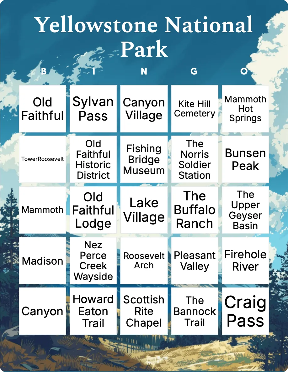 Yellowstone National Park bingo card template