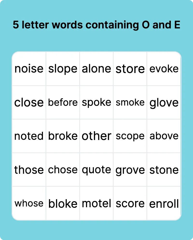 5 letter word containing t and o and e