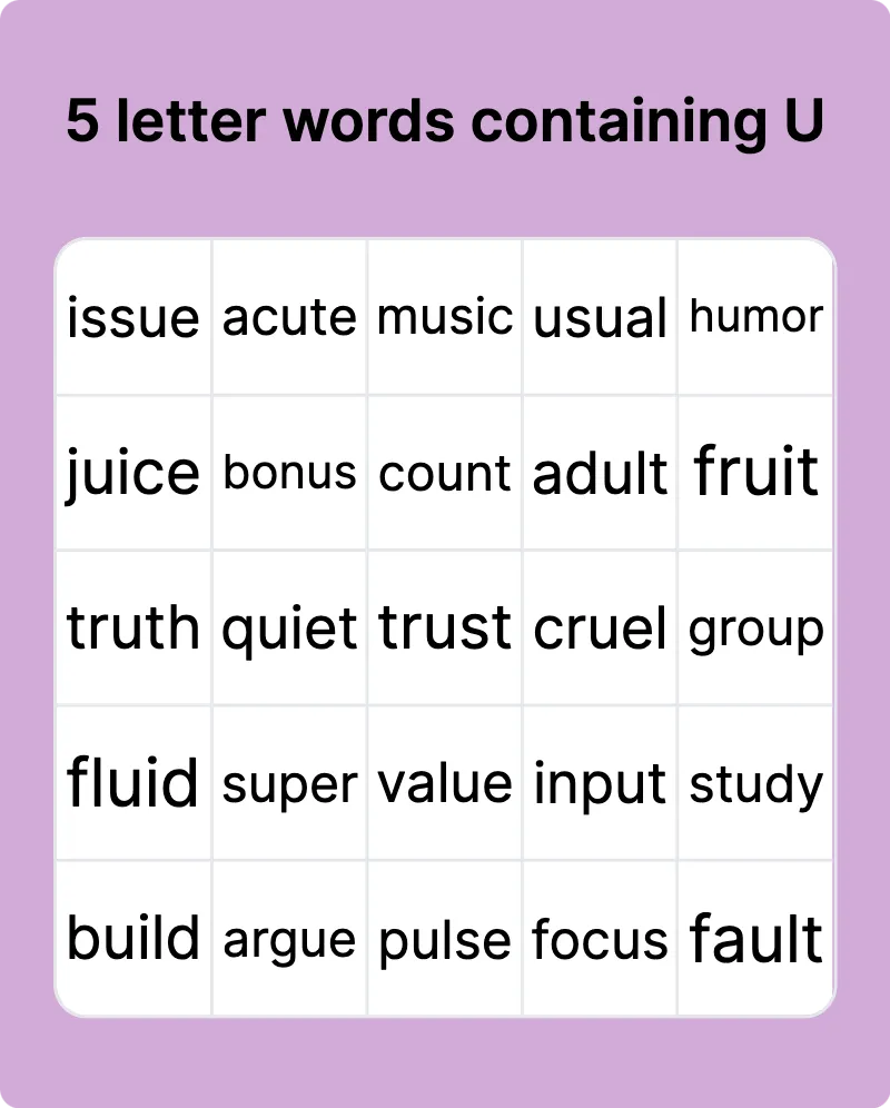 5 letter words containing an a and u