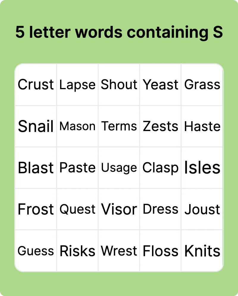 5 letter words containing S 5 letter words containing S
