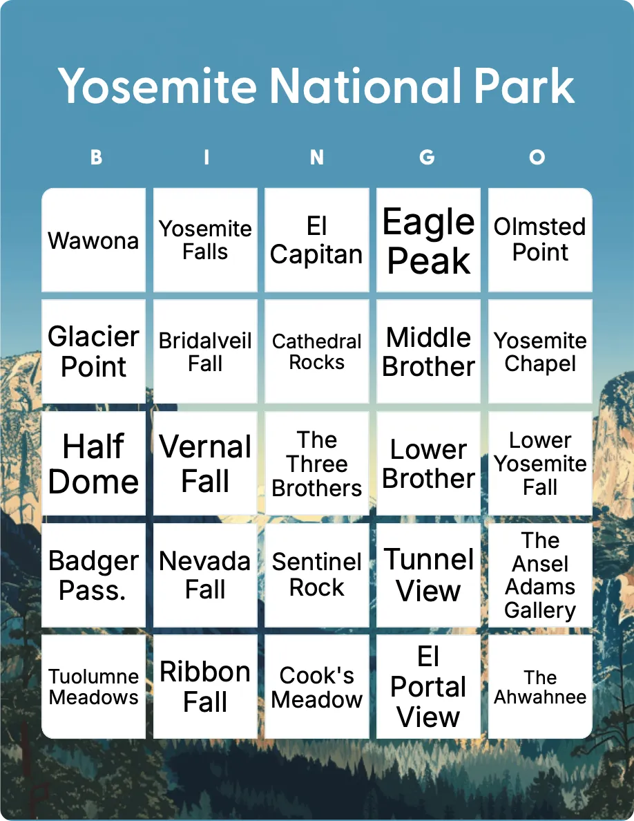 Yosemite National Park bingo card template