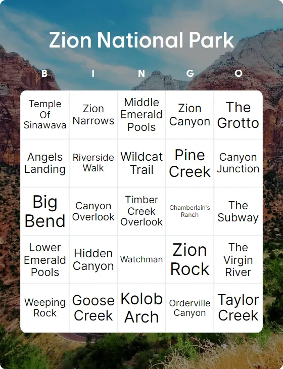 Zion National Park bingo card template