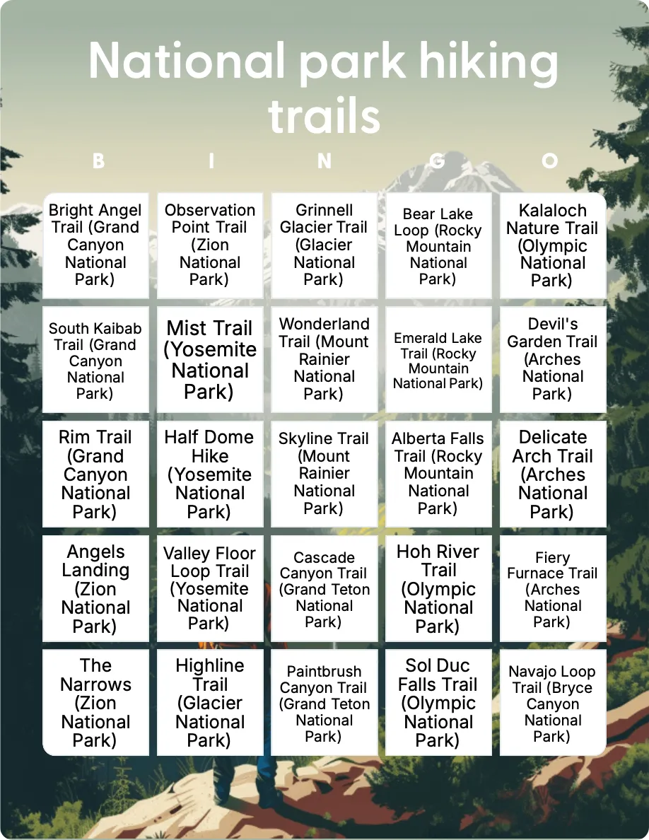 National park hiking trails bingo card template