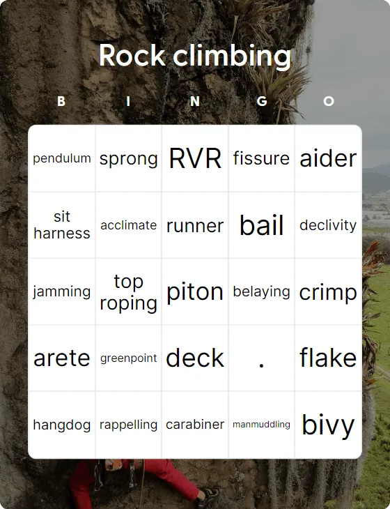Rock climbing bingo