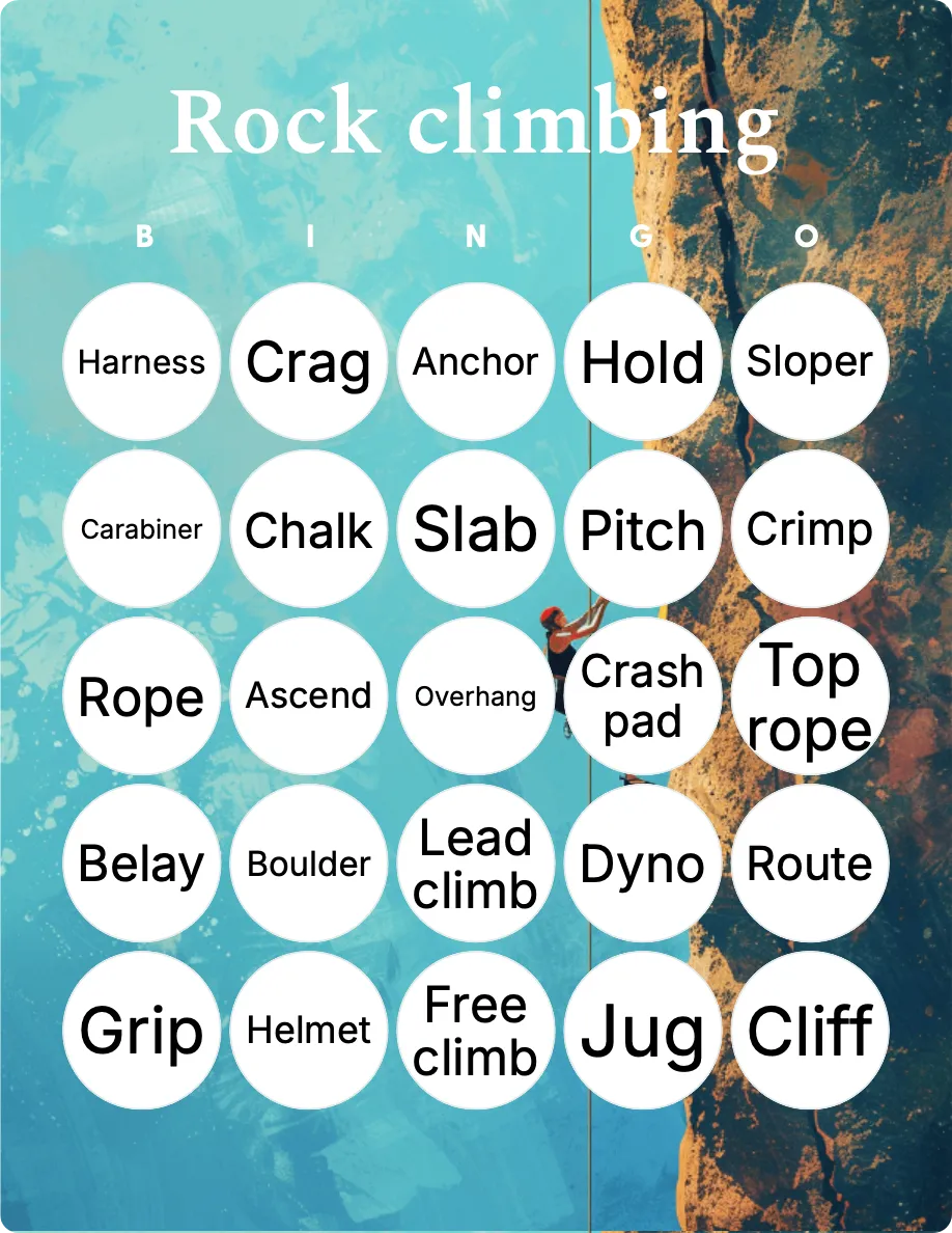 Rock climbing bingo card template